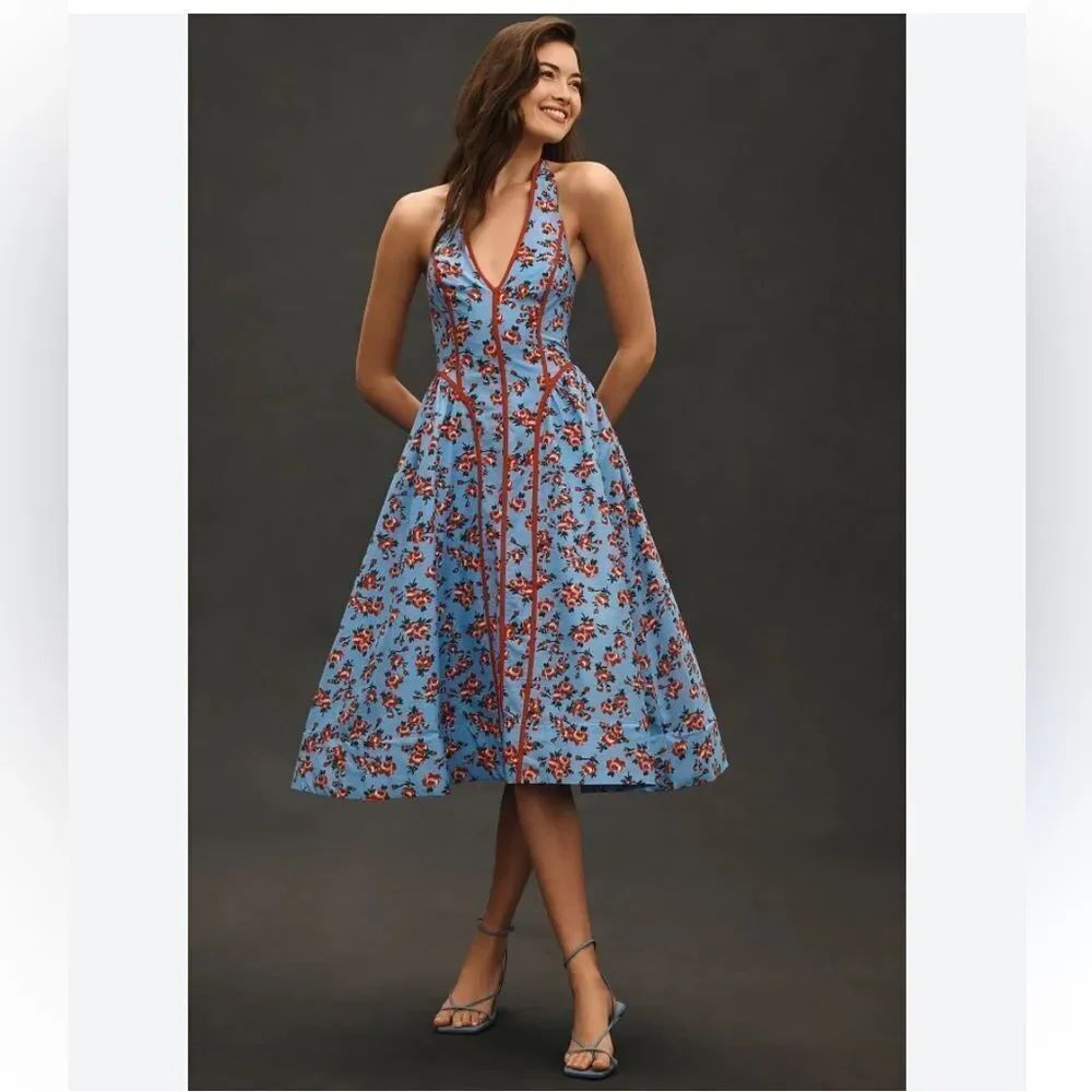 Anthropologie Halter V-Neck Fit & Flare Midi Dress